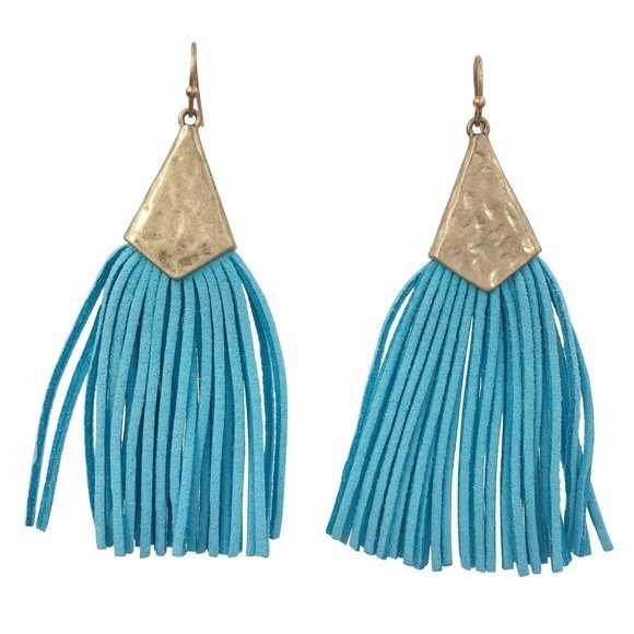 Long Vegan Leather Suede Aqua Blue Tassel Gold Dangle Earrings - Picture 1 of 3